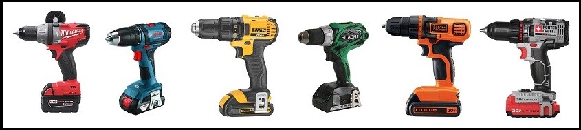 The top 6 Cordless drills selected by our team: Milwaukee M18 Fuel, Bosch D181, Dewalt 20 Volt, Hitachi DS18DSAL, Black & Decker LDX 220 and Porter Cable PCCK 600.