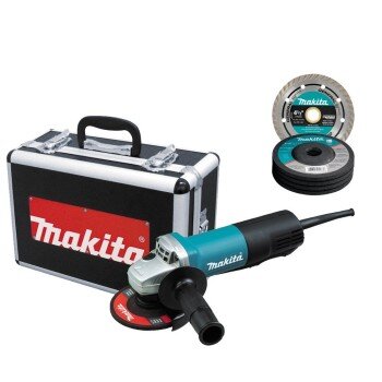 Makita 9557PBX1 angle grinder plus aluminum carry case and cutting blades