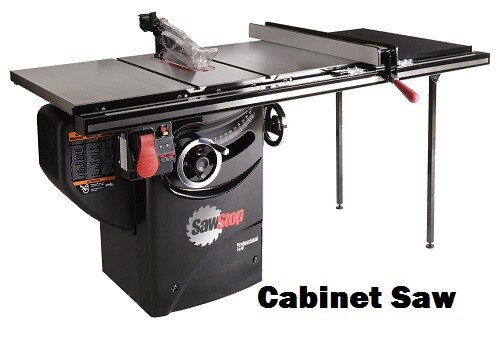 Front view of a cabinet saw from Sawstop. Long extension table for more work space.
