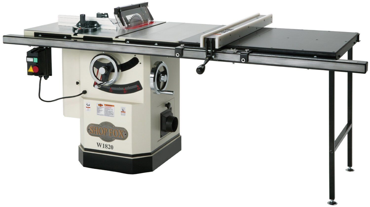 Front view of the Shop Fox W1820 table saw with extension table